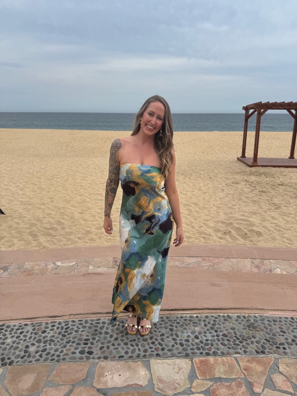 12th Tribe Strapless Abstract Print Maxi Dress in Green, Blue & Gold - Picture 3 of 4